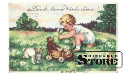 Старинная открытка "Мальчик играет в поле" Латвия 1939 г.