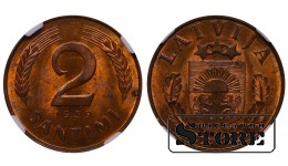 Latvia, 2 Santimi, 1939 year, Bronze, NGC, MS 64 RB