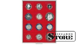 Numismātikas kaste STANDARD modifikācijā ar 12 kvadrātveida nodalījumiem LINDNER ieliktņiem 68×68 mm izmērā.