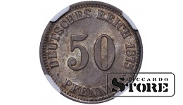 Vācija, 50 pfeningi, 1875. gads, C (Frankfurta kaltuve), sudrabs, NGC MS 64