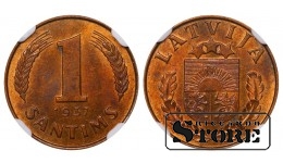Latvija, 1 santīms 1937. gads, bronza, NGC MS 62 RB, KM#10