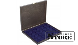 CARUS-1 natural wood case with a dark blue insert for holding 30 coin capsules with an outer diameter of 37.5 mm, for example, for storing German silver coins with a face value of 20/10 euros in «proof» quality in original capsules.