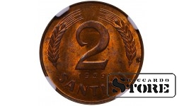 Latvia, 2 Santimi, 1939 year, Bronze, NGC, MS 64 RB