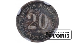 Vācija, 20 pfeningi, 1876. gads, H (Hannovera kaltuve), sudrabs, NGC MS 64 Top Pop