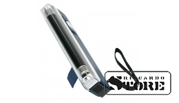 Longwave UV tester with retractable stand and built-in flashlight for verifying the authenticity of banknotes, stamps, and documents.