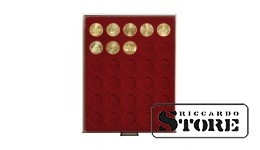 Dark red velour tray 2750E with Ø34 mm compartments for storing coins and medals.