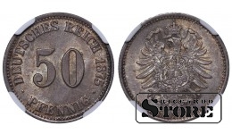 Vācija, 50 pfeningi, 1875. gads, C (Frankfurta kaltuve), sudrabs, NGC MS 64
