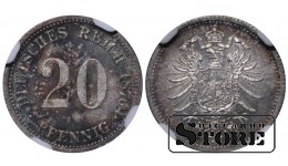 Vācija, 20 pfeningi, 1876. gads, H (Hannovera kaltuve), sudrabs, NGC MS 64 Top Pop