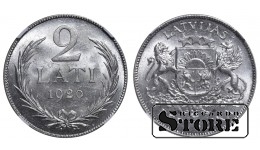 Латвия, 2 лата, 1926 год, серебро, NGC, MS 63
