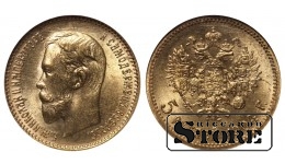1904 Николай II Россия Монета Золото чеканка Редкая 5 рублей Y# 62 NGC - MS66 #RI2218