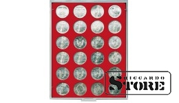 Raudonas veliūrinis padėklas 2160E su apvaliais 41 mm skersmens lizdais. Puikus sprendimas vidutinio dydžio monetoms, medalams ir žetonams laikyti.