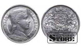 Latvia Alberts Kviesis (1930 - 1934), 1932 5 Lats, NGC AU 58