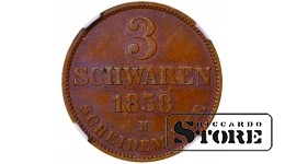 Oldenburgo didžioji kunigaikštystė, 3 Schwaren, 1858 m., varis, NGC, MS 62 BN, Top PoP