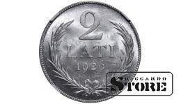 Латвия, 2 лата, 1926 год, серебро, NGC, MS 63