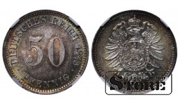 Vācija, 50 pfeningi, 1875. gads, J (Hamburga), sudrabs, NGC MS 64 Top Pop