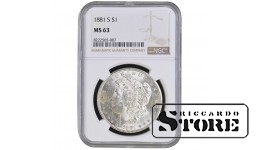United States, 1 Dollar, 1881 year, Silver, NGC, MS 63