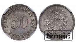 Vācija, 50 pfeningi, 1876. gads, sudrabs, NGC MS 64
