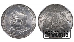 Королевство Пруссия, 2 марки, 1901 год, 200 лет Королевству Пруссия, NGC UNC DETAILS, Вильгельм II