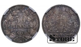 Vācija, 50 pfeningi, 1877. gads, J (Hamburgas kaltuve), sudrabs, NGC MS 64