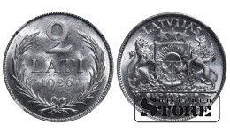 Латвия, 2 лата, 1926 год, серебро, NGC, MS 62