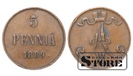 Император Александр II, Финляндия, 5 пенни, 1889. год, медь