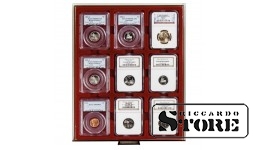 Numismātikas RAUCHGLAS kārba 9 sertificētu ASV monētu izvietošanai izmērā 63x85 mm