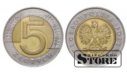 Польша, 5 злотых, 1994. год, Би-металл: центр - алюминиевая бронза, кольцо - медно-никелевый сплав