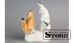 Статуэтка, Кот и заяц, фарфор, Рига, Рижская фарфоровая фабрика, автор Лиза Дзегузе, 50-е годы