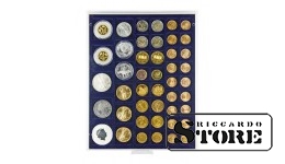 Mėlynas veliūrinis padėklas 2145ME su įvairių dydžių angomis monetoms nuo Ø24 iki Ø44 mm.
