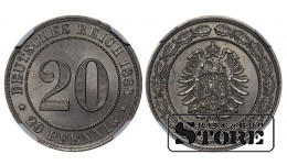 Vācija, 20 pfennigu, 1888. gads, G, vara-niķelis, NGC MS 64