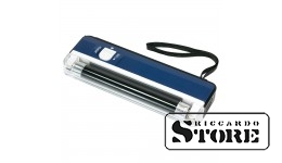 Longwave UV tester with retractable stand and built-in flashlight for verifying the authenticity of banknotes, stamps, and documents.