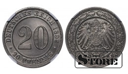 Vācija, 20 pfennigu, 1892. gads, D, vara-niķelis, NGC MS 66, Top Pop