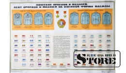 Плакат "Ношение медалей и орденов, лент орденов и медалей на военной форме одежды" Размер 85x58 cm, 1973 год, Автор В.С. Кармушко ., CSP44