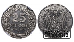 Vācija, 25 pfennigu, 1911. gads, A, niķelis, NGC PF 67