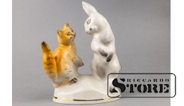 Статуэтка, Кот и заяц, фарфор, Рига, Рижская фарфоровая фабрика, автор модели - Лиза Дзегузе, 60-е годы , 11.5 см