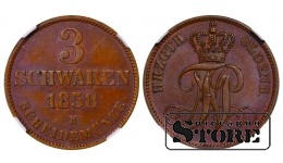 Oldenburgo didžioji kunigaikštystė, 3 Schwaren, 1858 m., varis, NGC, MS 62 BN, Top PoP