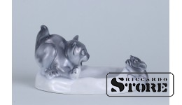 Статуэтка, Пепельница "Кот и мышь" , Рига , фарфор, Фабрика М.С. Кузнецова, 30 -е годы, 11 см