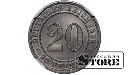 Vācija, 20 pfennigu, 1892. gads, D, vara-niķelis, NGC MS 66, Top Pop