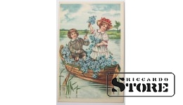 Винтажная открытка Девочка и мальчик на лодке #NT314