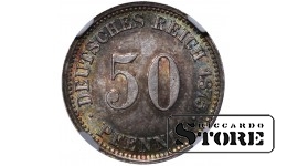 Vācija, 50 pfeningi, 1875. gads, J (Hamburga), sudrabs, NGC MS 64 Top Pop