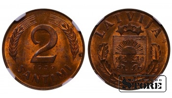 Latvia, 2 Santimi, 1939 year, Bronze, NGC, MS 64 RB