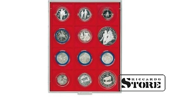 Numismātikas kaste STANDARD modifikācijā ar 12 kvadrātveida nodalījumiem LINDNER ieliktņiem 68×68 mm izmērā.