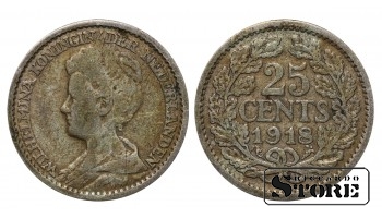 1918 Wilhelmina Netherlands Coin Silver Coinage Rare 25 cents KM# 146 #NL3271