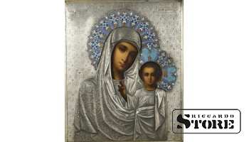 Икона, Казанская божья матерь ,Российская империя , серебро , эмаль , 19-й век 29x34 см.