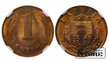 Läti, 1 Santim, 1937 aasta, pronks, NGC, MS 64 RB