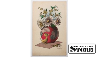 Винтажная открытка. Цветы и утёнок. 20 в. #NT322