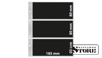 Numismaatilised lehed Multi Collect süsteemis 3 taskuga (185 mm x 80 mm), läbipaistvad mustade lehe sisestustega. Pakis 10 lehte.