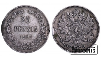 1901 Finland Emperor Nicholas II (1895 - 1917) Coin Coinage Standard 25 pennia KM#6 #F376