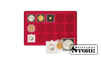 Tray for 15 coin frames 50 x 50 mm, red.