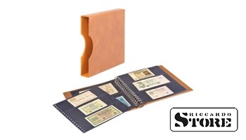 LINDNER banknote album with black interleaves and protective case — light brown.